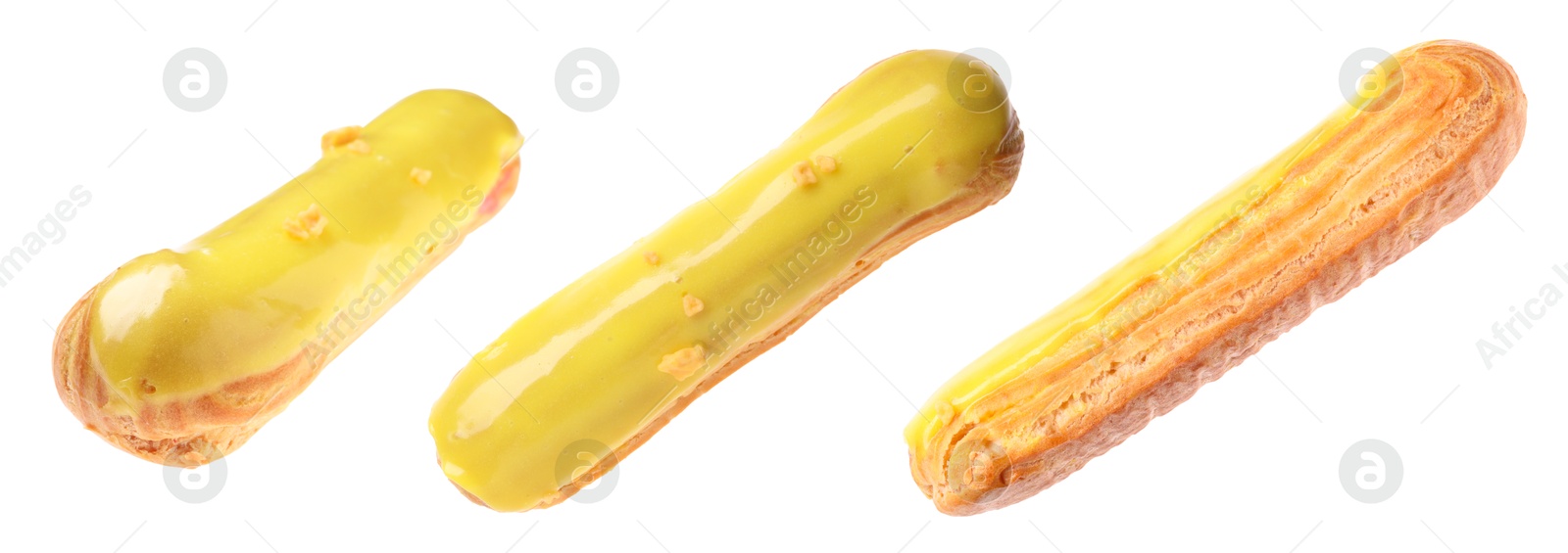 Image of Tasty eclair with yellow frosting isolated on white, collage