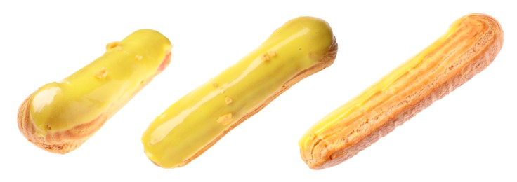 Image of Tasty eclair with yellow frosting isolated on white, collage