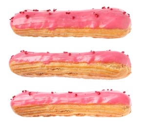 Image of Tasty eclair with pink frosting isolated on white, collage