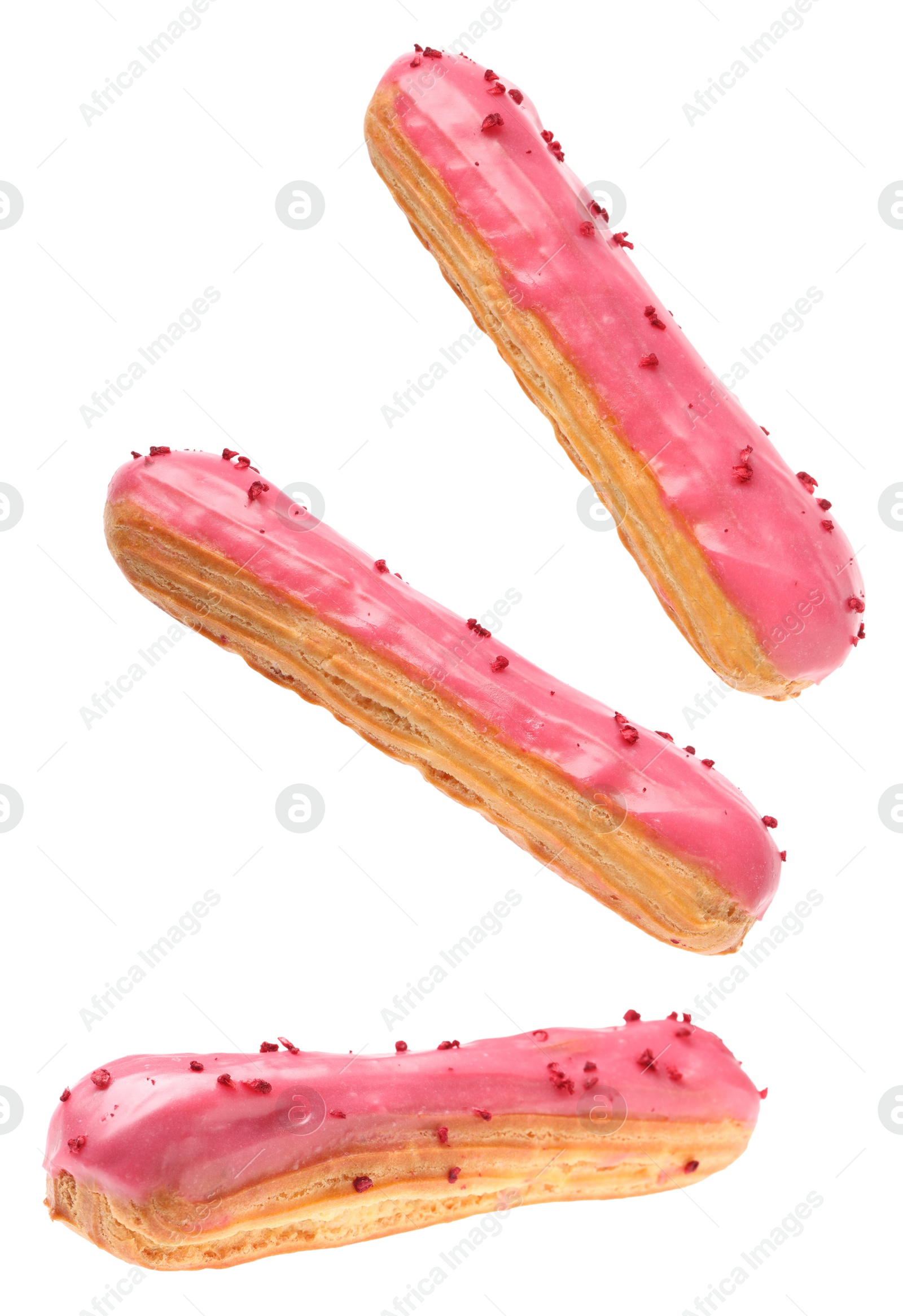 Image of Tasty eclair with pink frosting isolated on white, collage