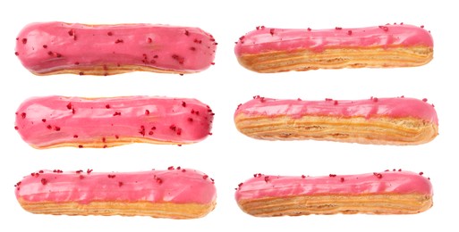 Tasty eclair with pink frosting isolated on white, collage