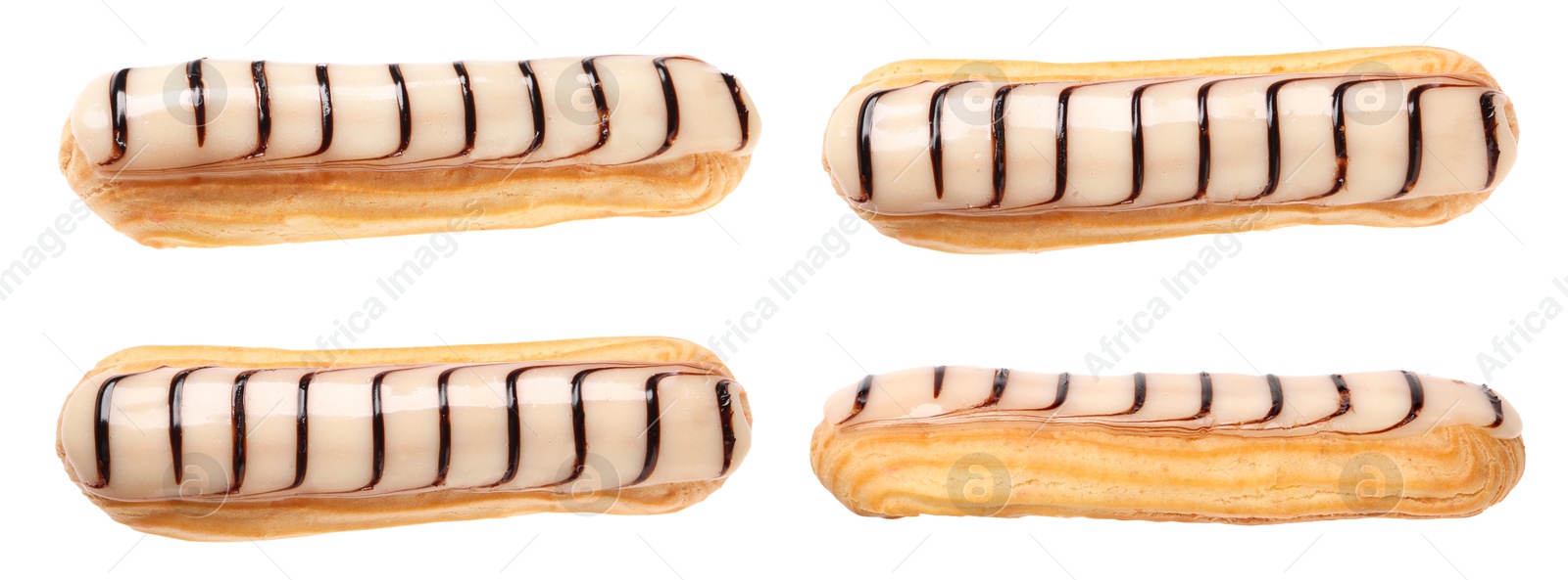 Image of Tasty eclair with frosting isolated on white, collage