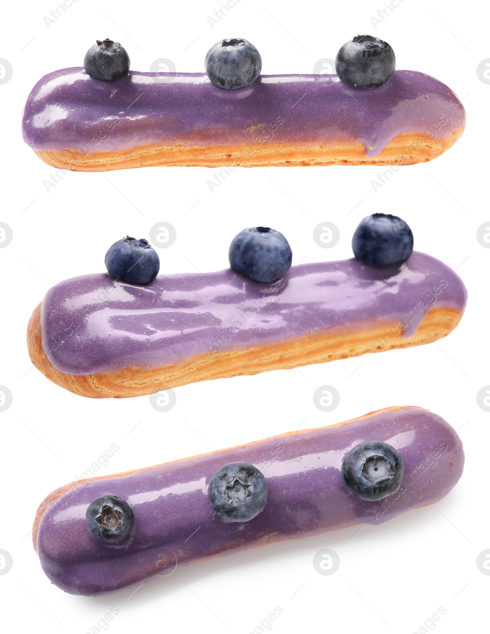 Image of Tasty eclair with purple frosting isolated on white, collage