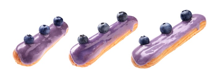 Image of Tasty eclair with purple frosting isolated on white, collage