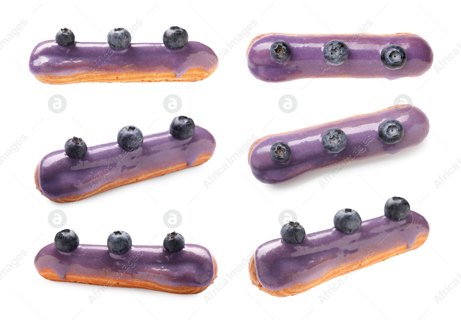 Image of Tasty eclair with purple frosting isolated on white, collage