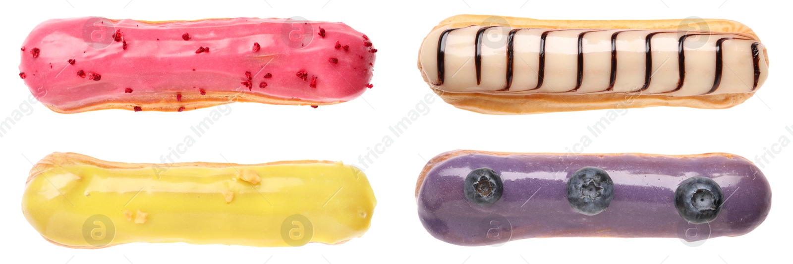 Image of Tasty eclairs with frosting isolated on white, set