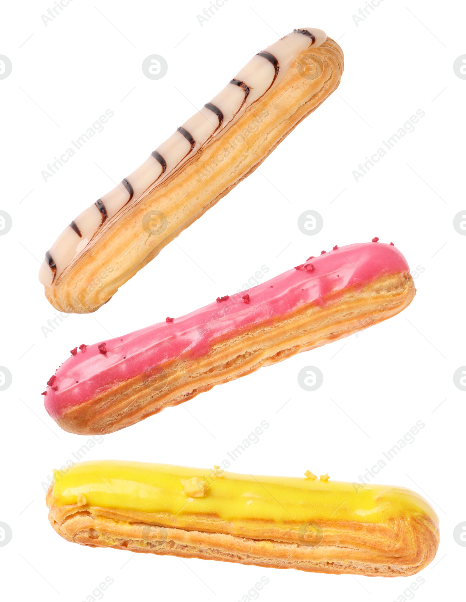 Image of Tasty eclairs with frosting isolated on white, set