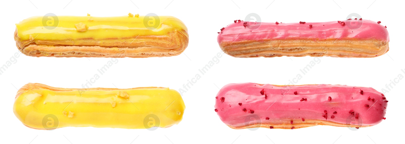 Image of Tasty eclairs with frosting isolated on white, set