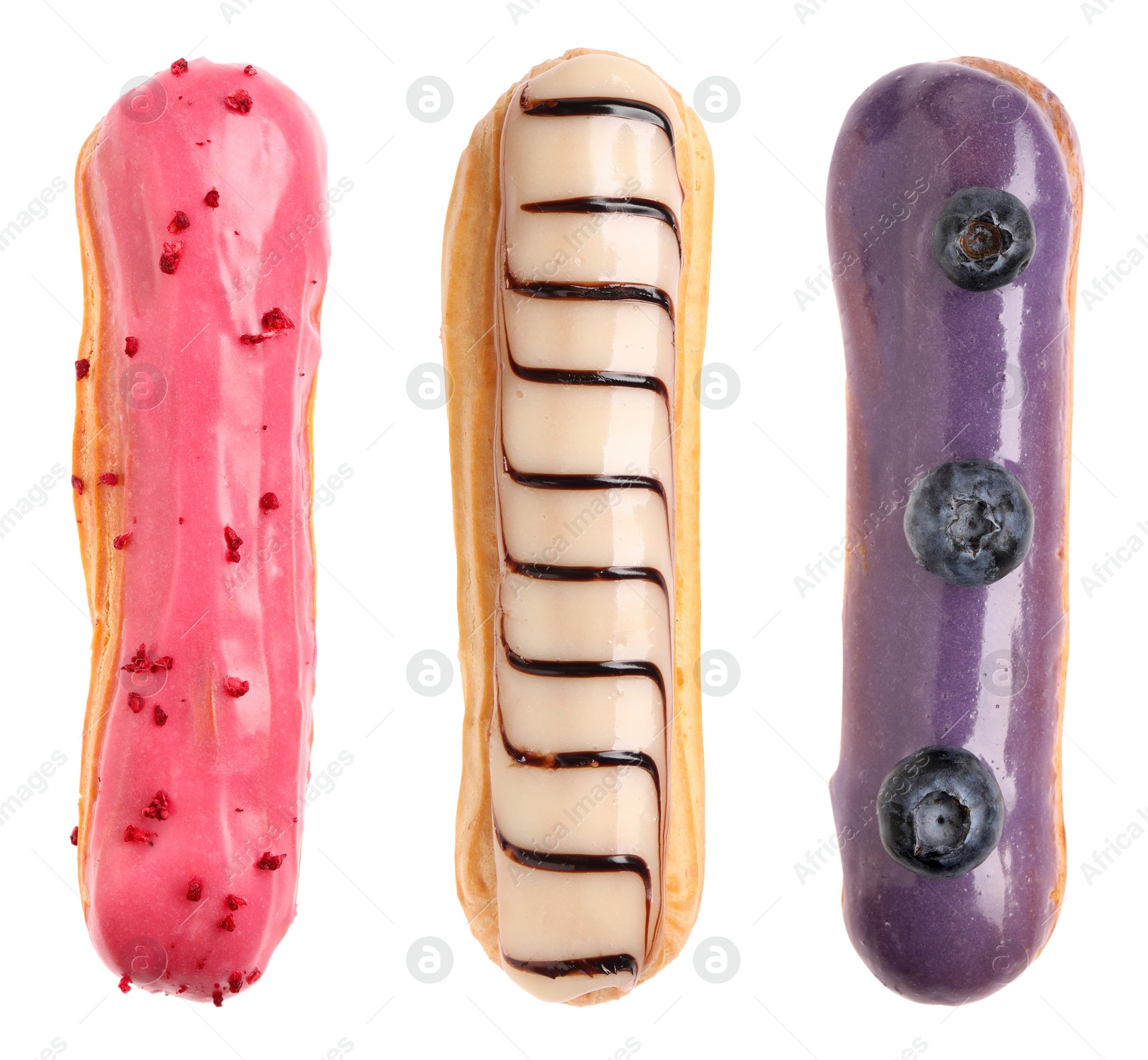 Image of Tasty eclairs with frosting isolated on white, set