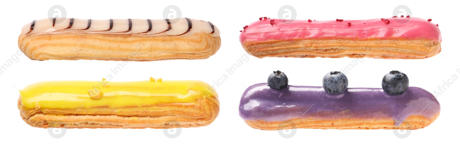 Image of Tasty eclairs with frosting isolated on white, set