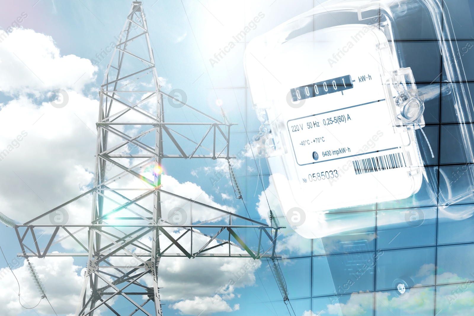 Image of Electricity meter and high voltage tower, double exposure