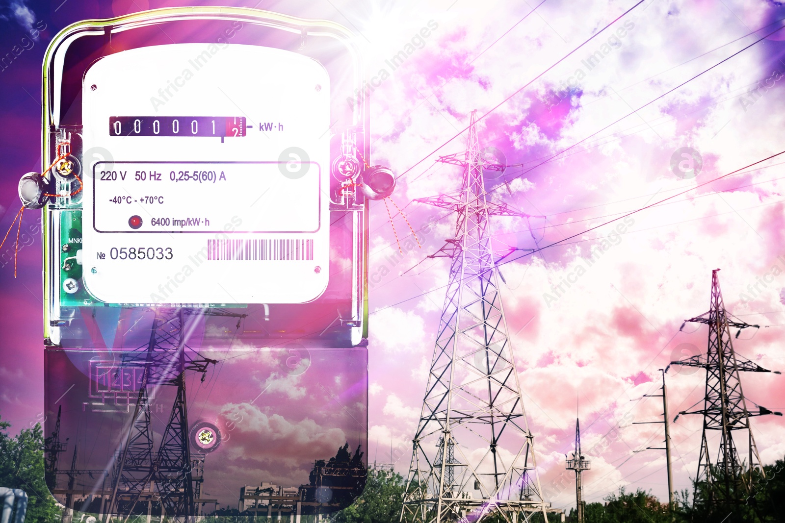 Image of Electricity meter and high voltage towers, double exposure