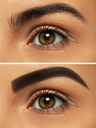 Beautiful woman before and after permanent makeup eyebrow procedure, closeup. Collage of photos