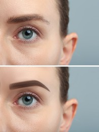 Image of Beautiful woman before and after permanent makeup eyebrow procedure on grey background, closeup. Collage of photos
