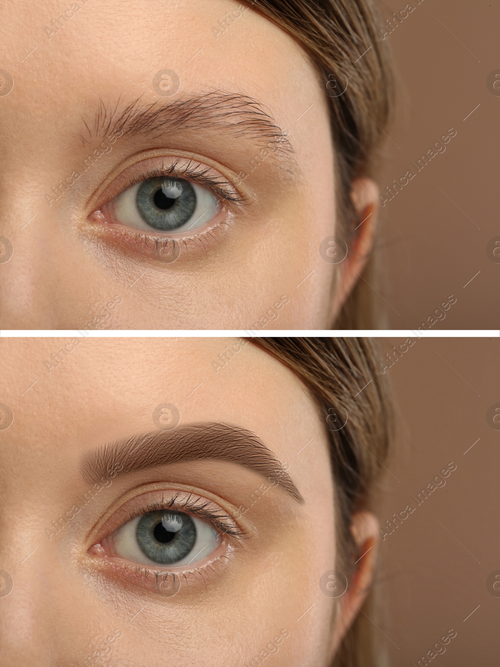 Image of Beautiful woman before and after permanent makeup eyebrow procedure on dark beige background, closeup. Collage of photos