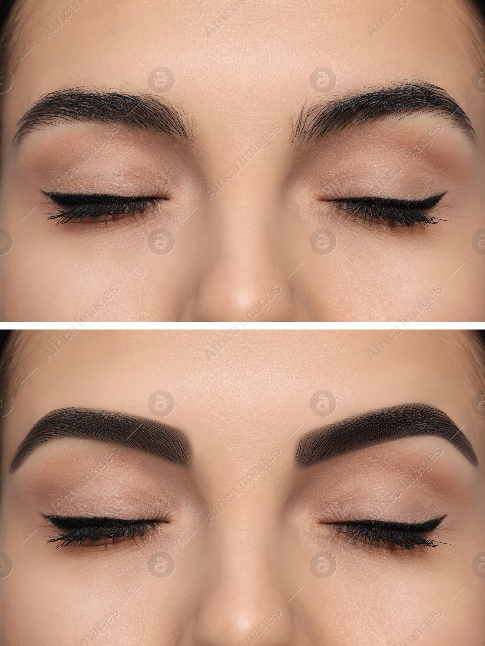 Image of Beautiful woman before and after permanent makeup eyebrow procedure, closeup. Collage of photos