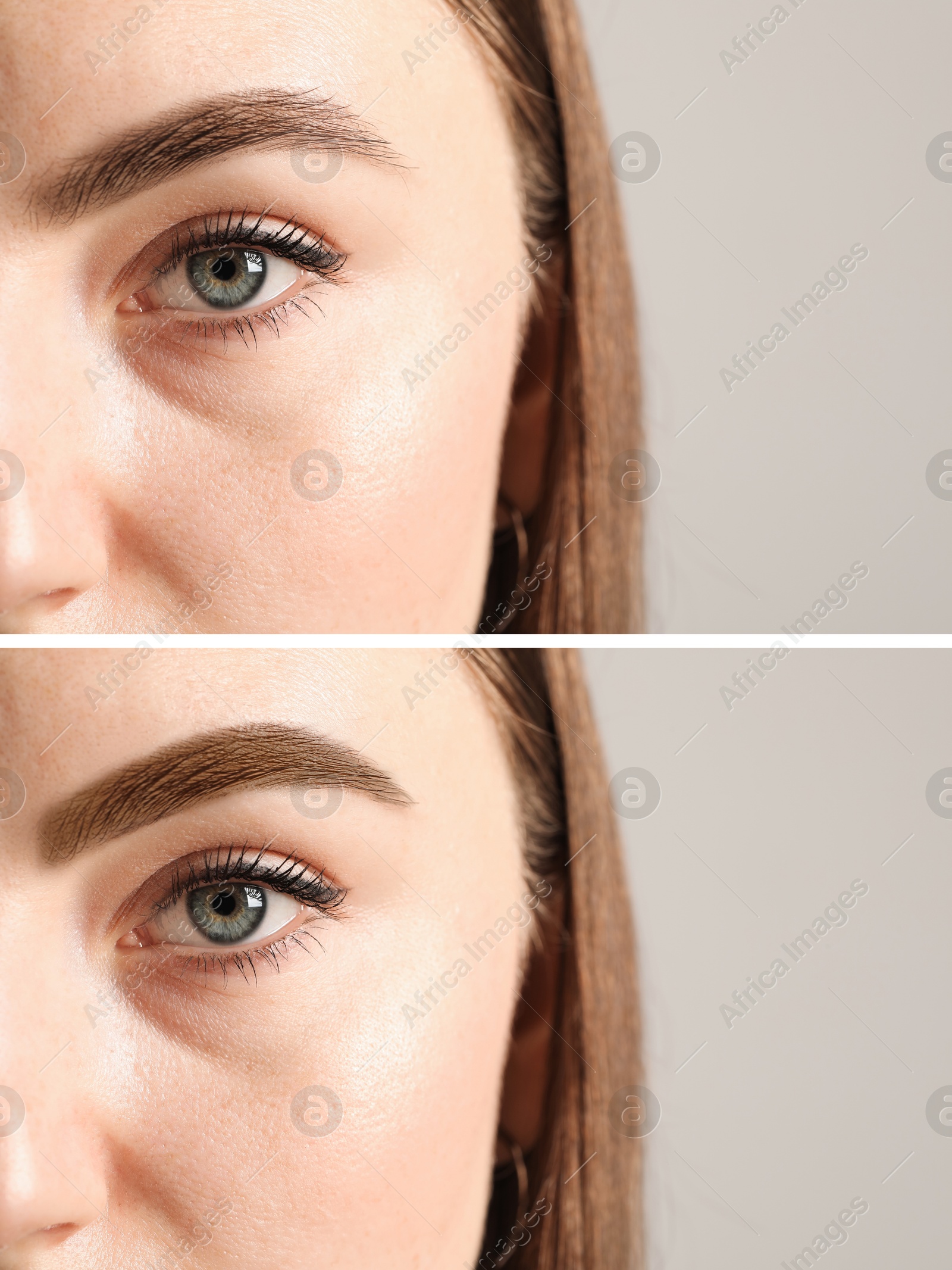 Image of Beautiful woman before and after permanent makeup eyebrow procedure on grey background, closeup. Collage of photos