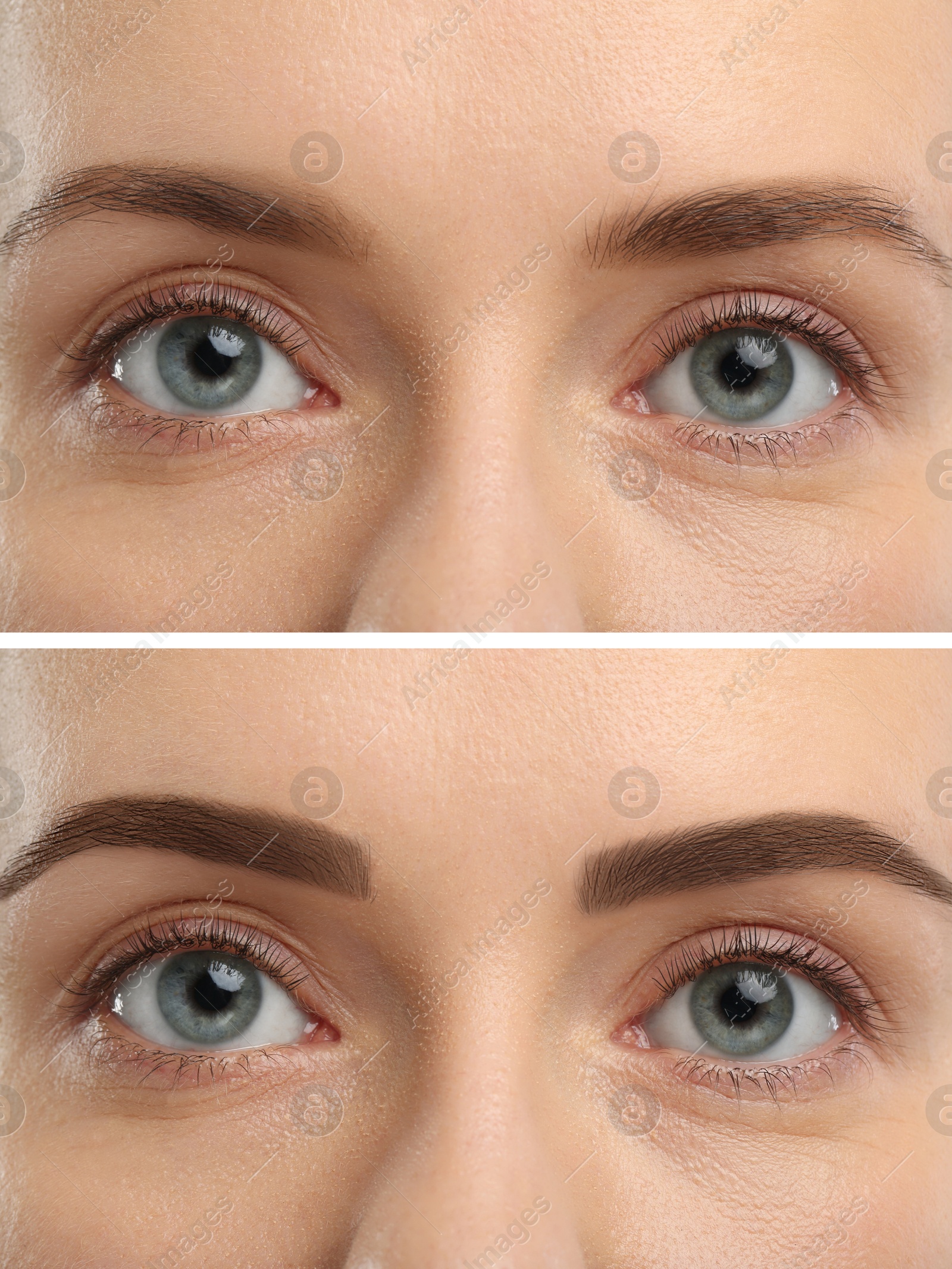 Image of Beautiful woman before and after permanent makeup eyebrow procedure, closeup. Collage of photos