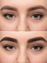 Image of Beautiful woman before and after permanent makeup eyebrow procedure, closeup. Collage of photos