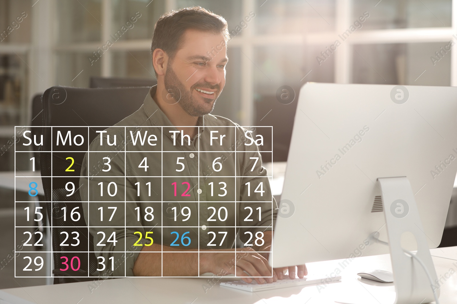 Image of Happy man making timetable in computer. Virtual calendar with marked dates in foreground