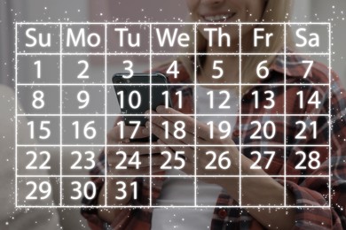 Image of Woman making timetable in phone, closeup. Virtual calendar in foreground