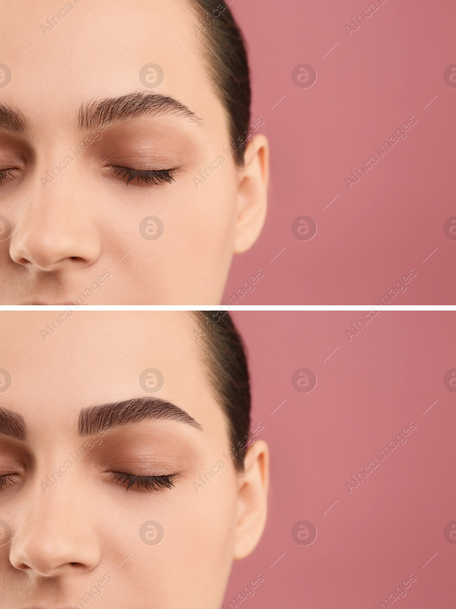 Image of Beautiful woman before and after permanent makeup eyebrow procedure on pink background, closeup. Collage of photos