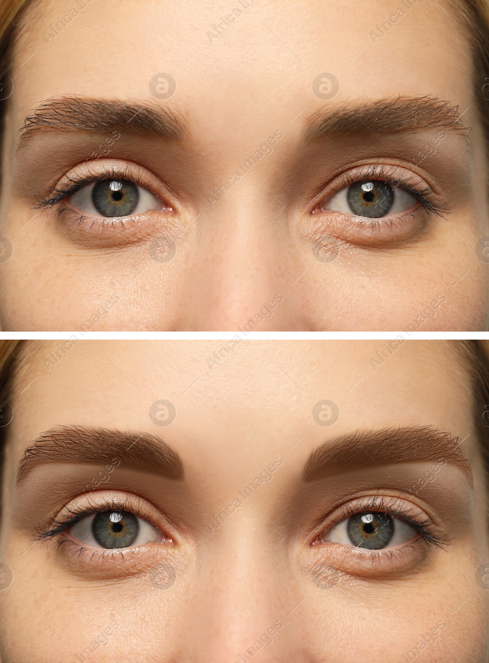 Image of Beautiful woman before and after permanent makeup eyebrow procedure, closeup. Collage of photos