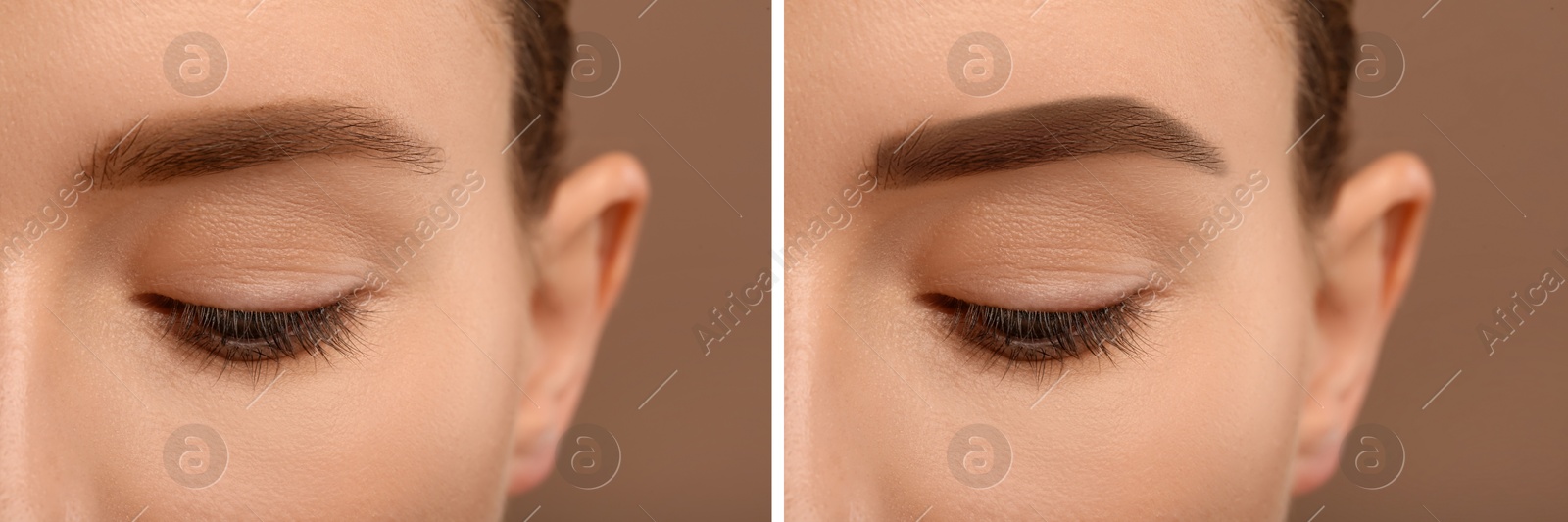 Image of Beautiful woman before and after permanent makeup eyebrow procedure on dark beige background, closeup. Collage of photos