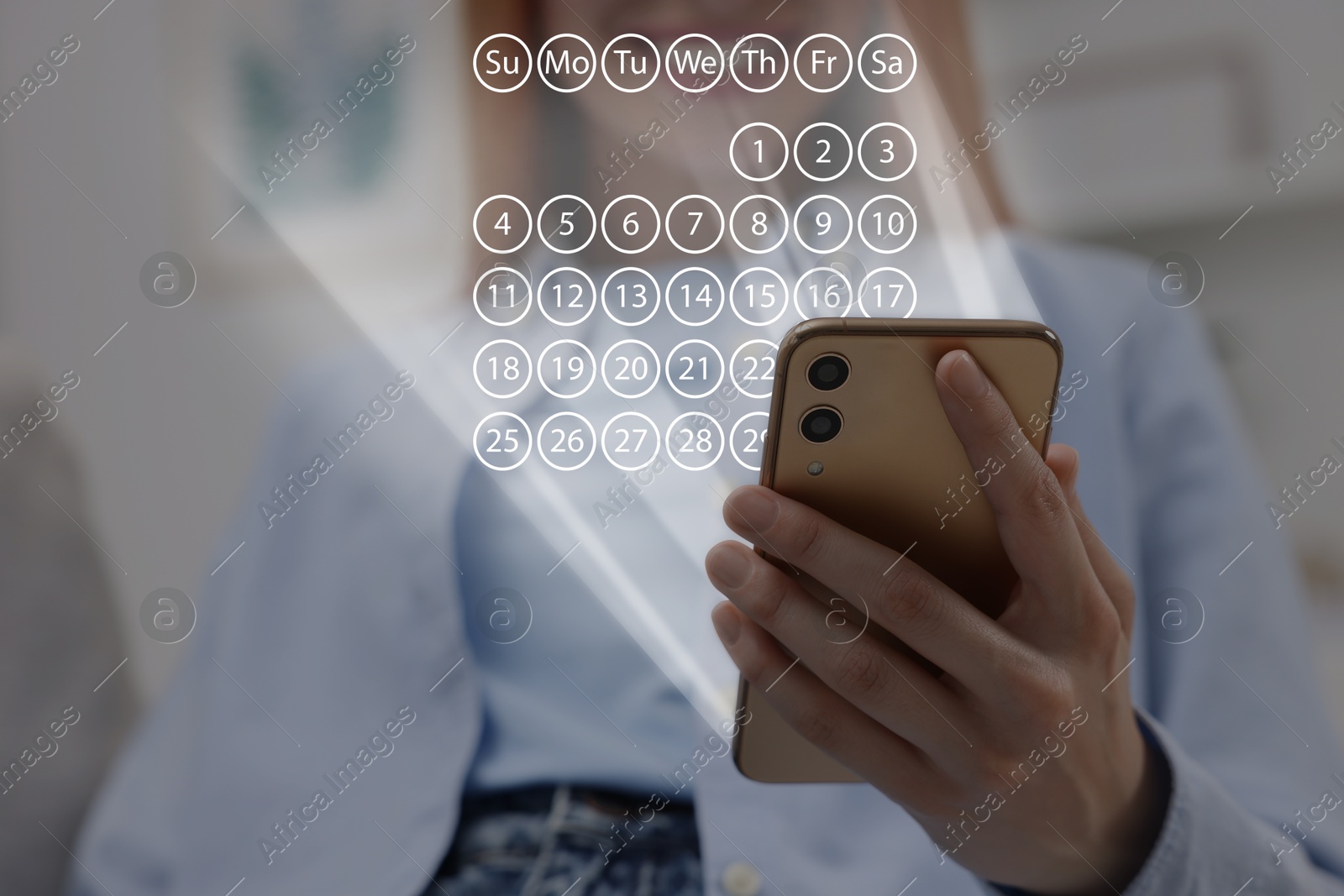 Image of Making timetable. Woman using smartphone, closeup. Virtual calendar projected from device