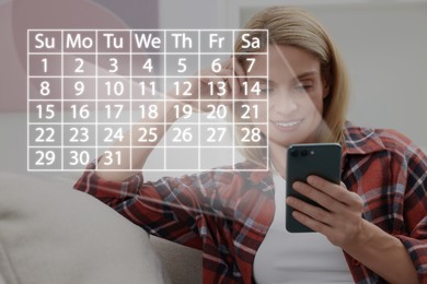 Image of Making timetable. Woman using smartphone. Virtual calendar projected from device