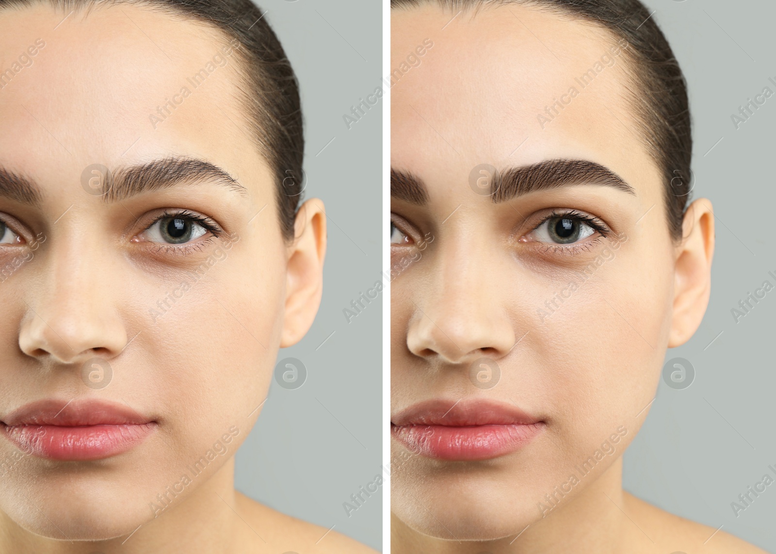 Image of Beautiful woman before and after permanent makeup eyebrow procedure on grey background, closeup. Collage of photos