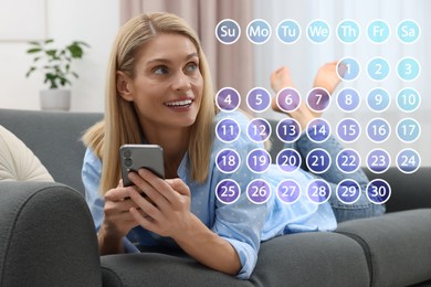 Image of Woman making timetable in phone at home. Virtual calendar near her