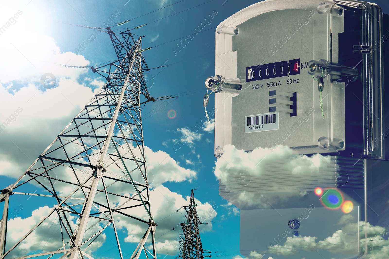 Image of Electricity meter and high voltage towers, double exposure