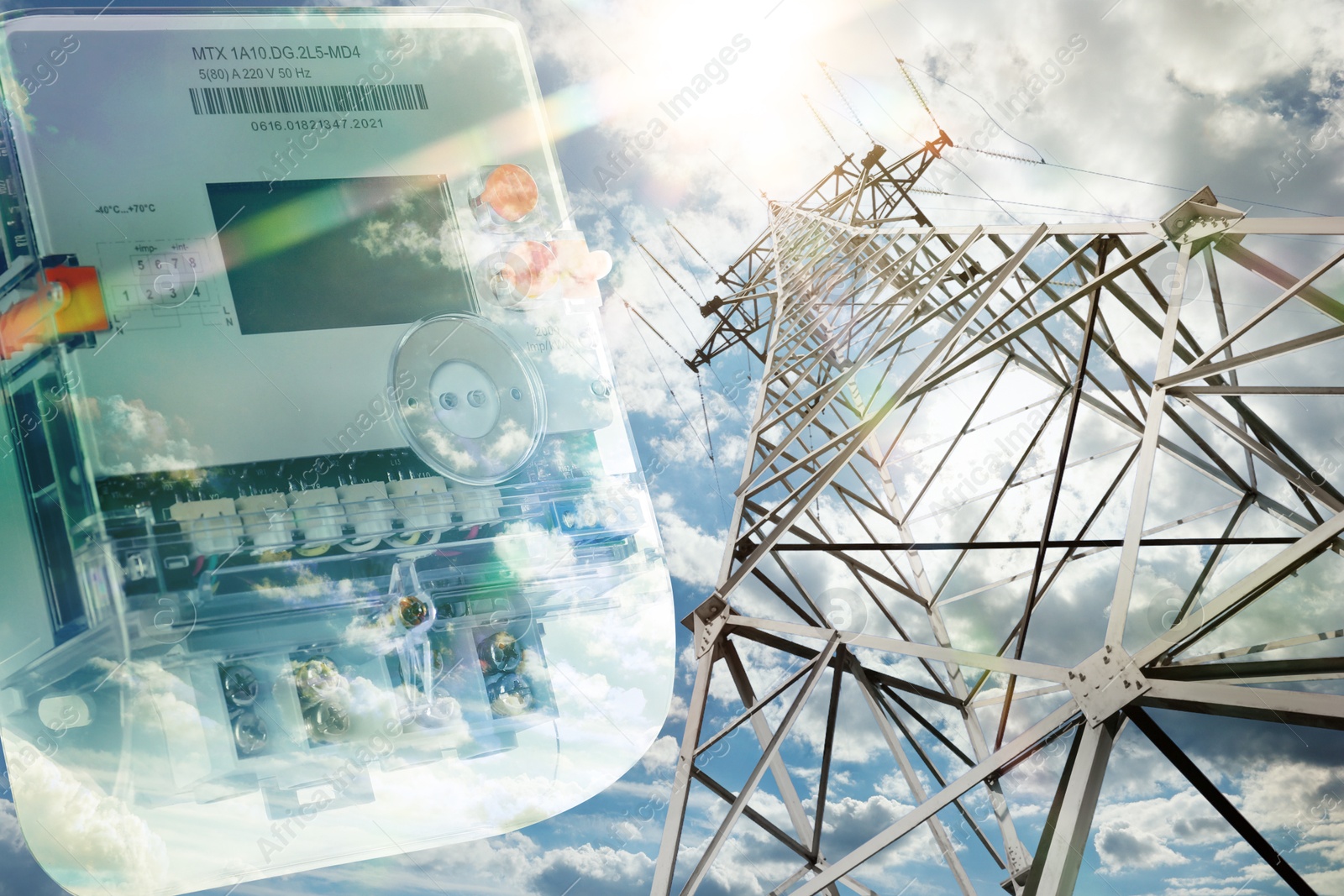 Image of Electricity meter and high voltage tower, double exposure