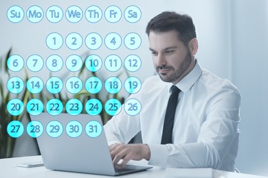Image of Businessman making timetable in laptop at table. Virtual calendar in foreground