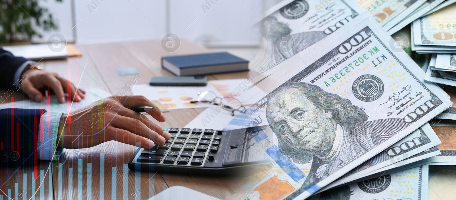 Image of Budget concept, banner design. Man using calculator at table, dollars and graphs, multiple exposure