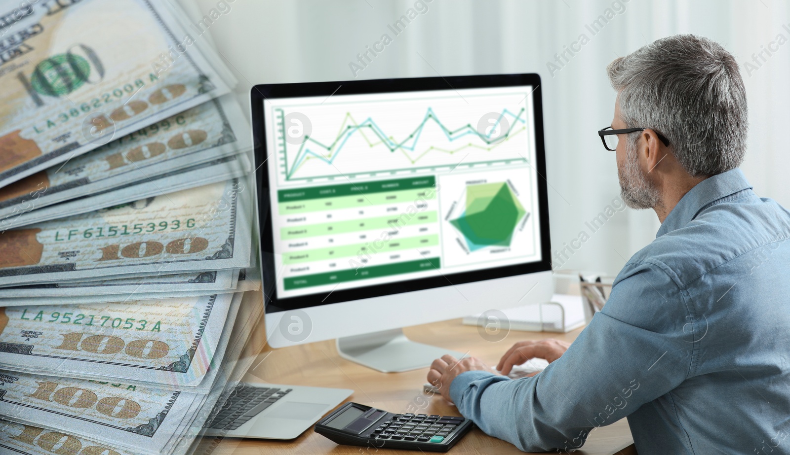 Image of Budget concept, banner design. Dollars and man working on computer at table, double exposure