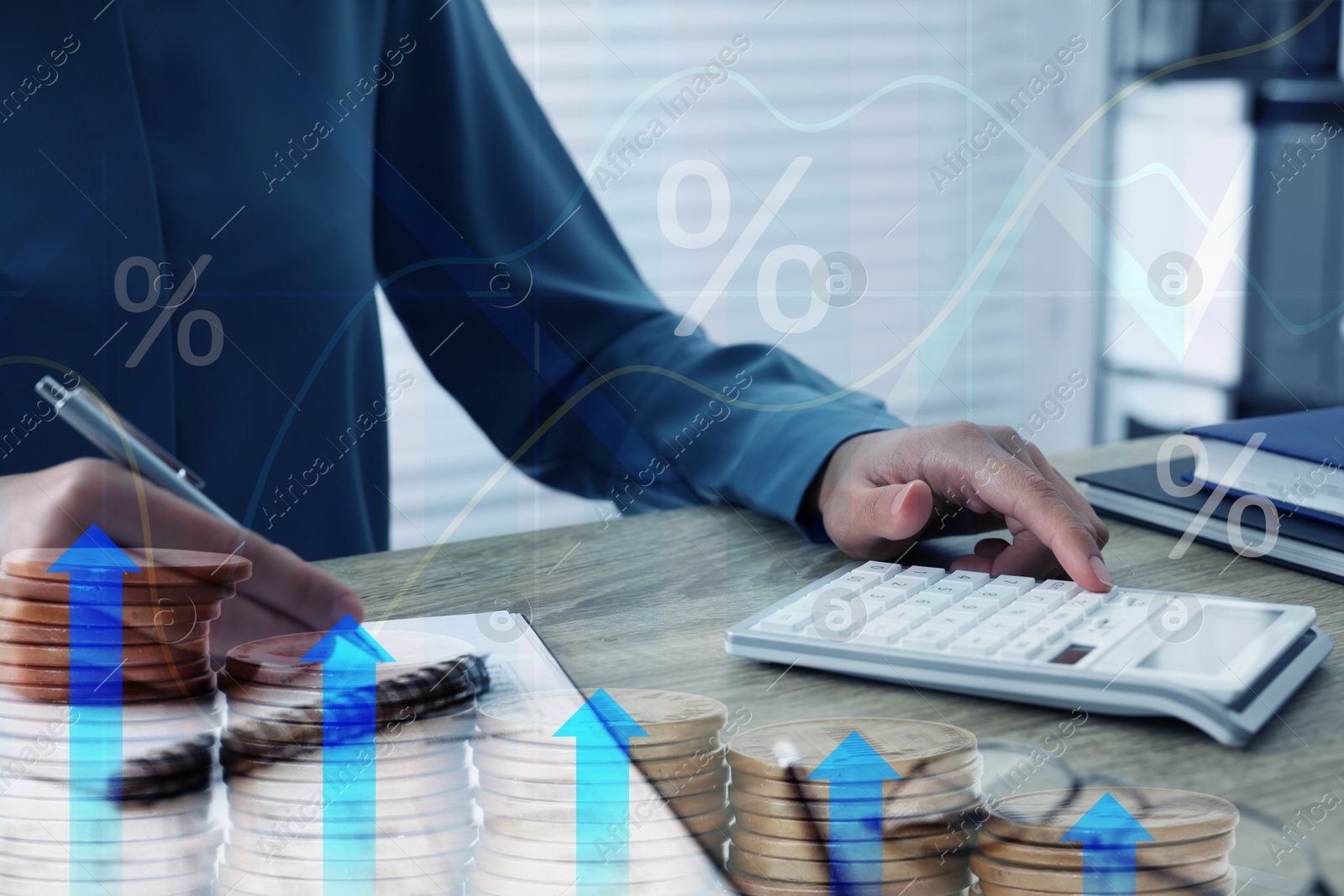 Image of Budget concept. Woman using calculator at table, graphs and coins, multiple exposure