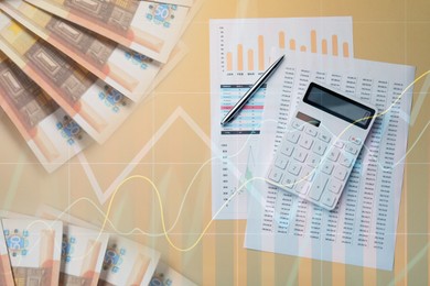 Image of Budget concept. Graphs, calculator and euro banknotes, multiple exposure