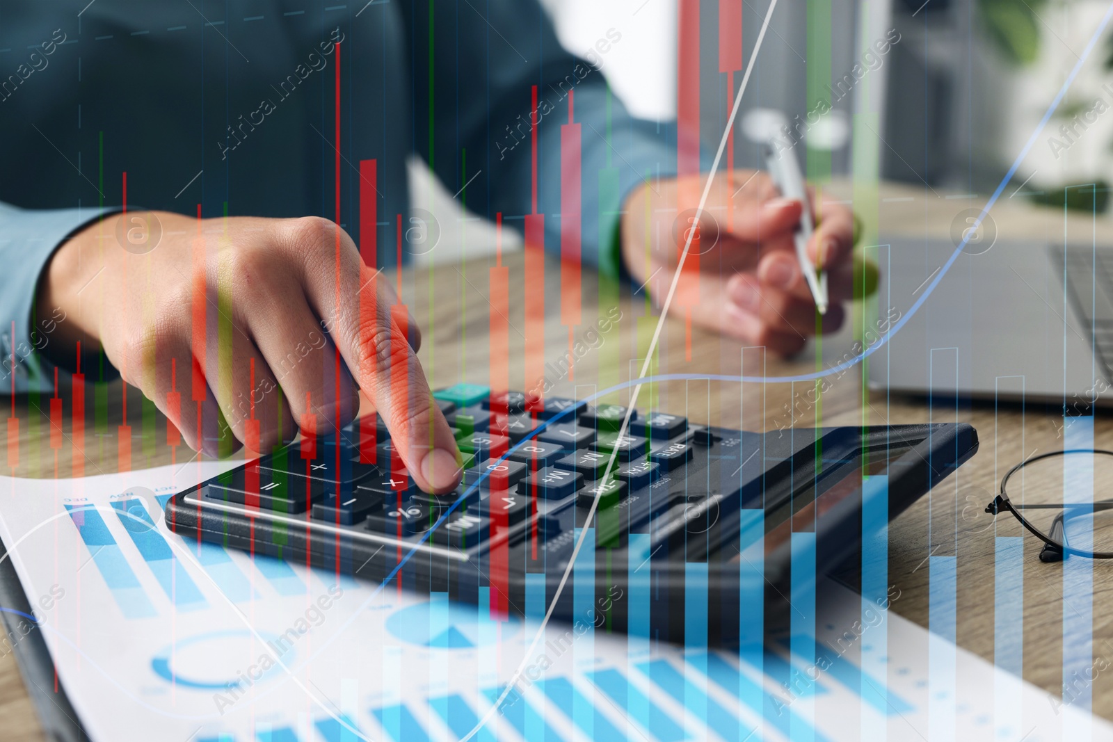 Image of Budget concept. Graphs and woman using calculator at table, double exposure