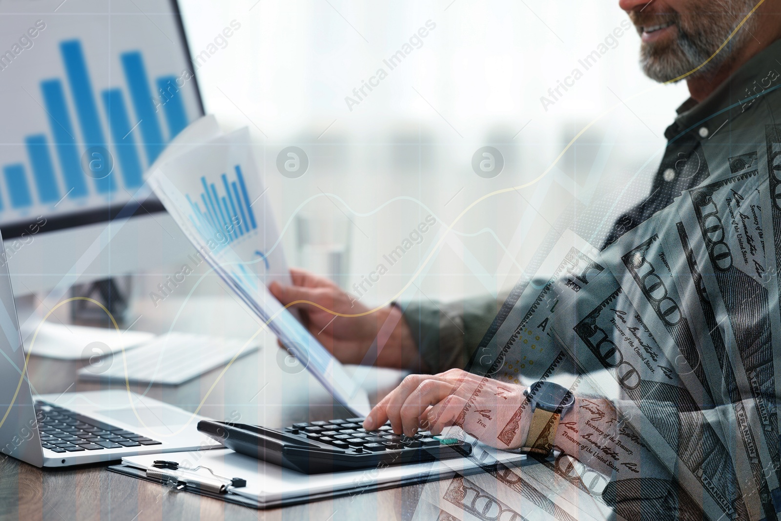 Image of Budget concept. Man using calculator at table, dollars and graphs, multiple exposure