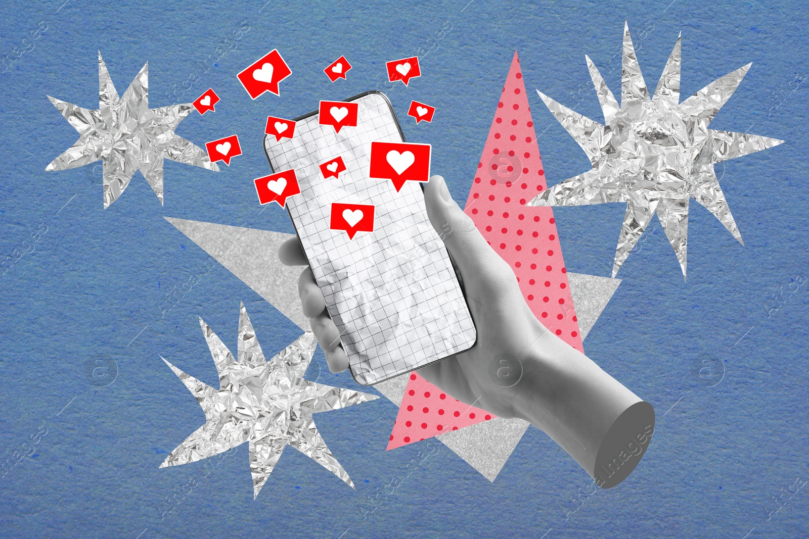 Image of Art collage with smartphone in man's hand on color background. Notifications with hearts flying out of device. Social media, communication, popularity