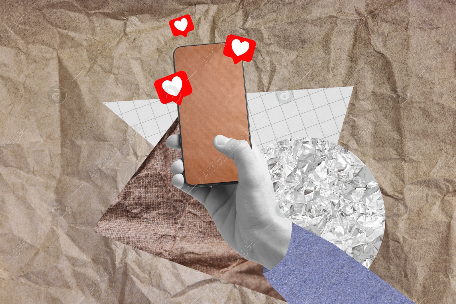 Image of Art collage with smartphone in man's hand on crumpled paper background. Notifications with hearts flying out of device. Social media, communication, popularity