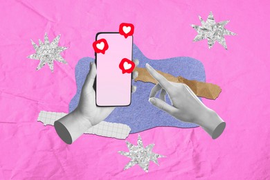 Image of Art collage with smartphone in woman's hands on color background. Notifications with hearts flying out of device