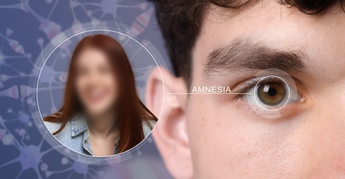 Image of Suffering from amnesia, banner design. Man struggling to remember girl's face. Neural network on background