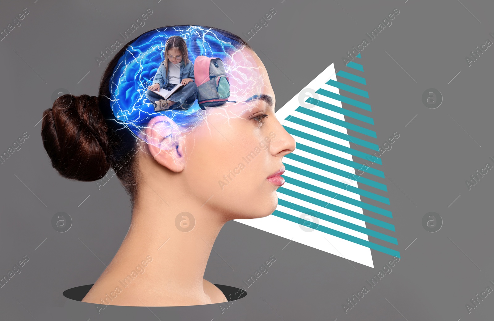 Image of Suffering from amnesia. Woman trying to remember child on color background. Illustration of brain with flashlights