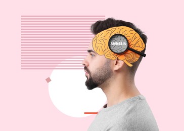 Image of Amnesia. Collage with man, paper brain and magnifying glass on color background