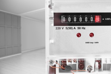 Image of Electricity meter indoors, space for text. Measuring device