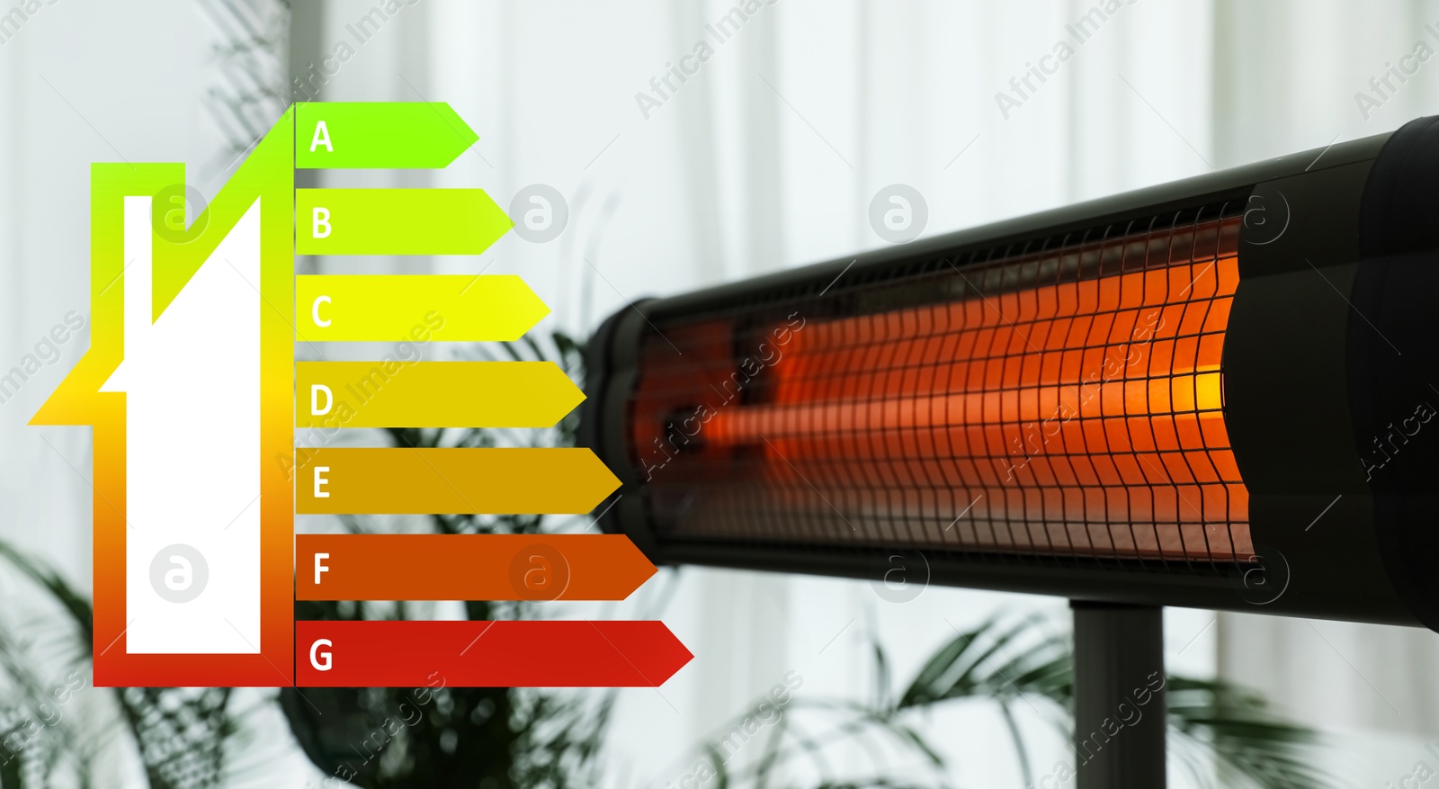 Image of Energy efficiency rating label and electric infrared heater indoors. Banner design