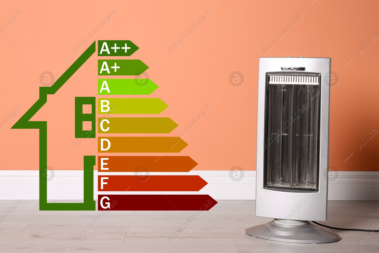 Image of Energy efficiency rating label and electric heater in room